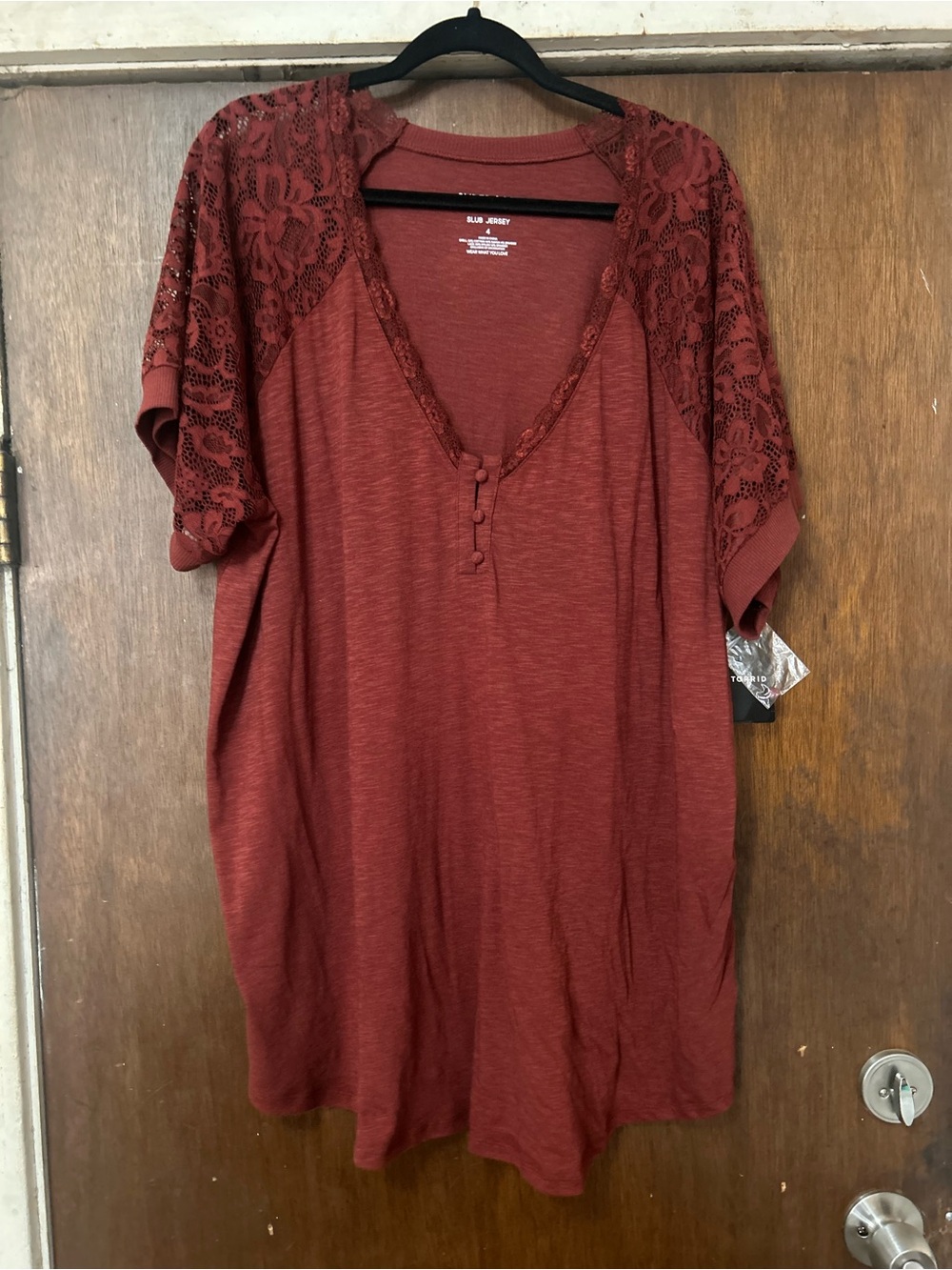 torrid Lace-Shoulder Henley Tunic - Brick
